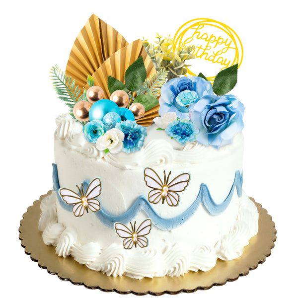 DoreHoan 32Pcs Flower Cake Toppers with Blue Gold Ball Artificial Rose Flowers Carnation Eucalyptus Leaves 3D Butterfly Decoration Acrylic Happy Birthday Topper for Birthday Party Wedding Supplies