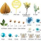 DoreHoan 32Pcs Flower Cake Toppers with Blue Gold Ball Artificial Rose Flowers Carnation Eucalyptus Leaves 3D Butterfly Decoration Acrylic Happy Birthday Topper for Birthday Party Wedding Supplies