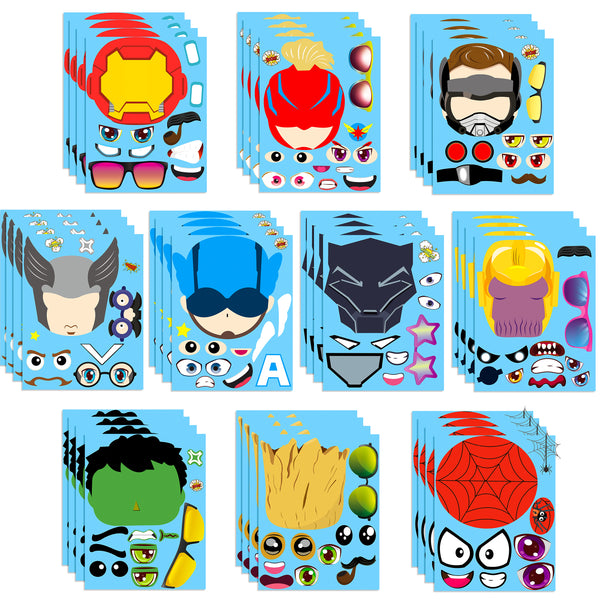 DoreHoan 40Pcs Superhero Make a Face Stickers DIY Birthday Party Supplies Sticker Crafts Party Favors Games Party Decorations Cartoon Hero Christmas Stocking Stuffer for Kids Boys Girls